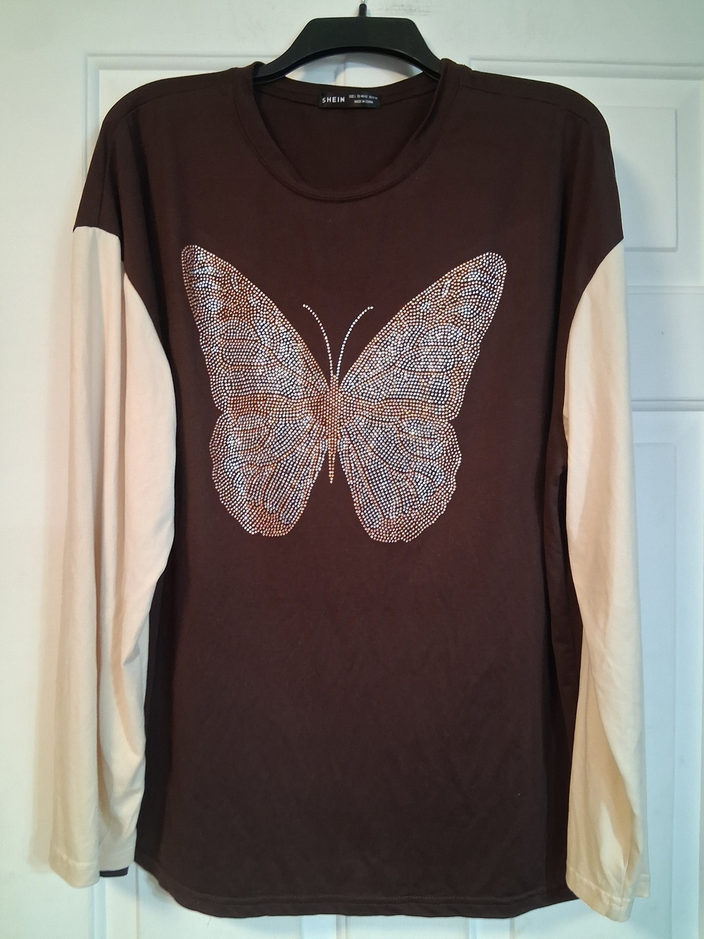 SHEIN Brown Top Cream Sleeves  Rhinestone Butterfly Shirt Lightweight Blouse